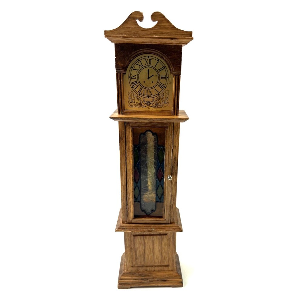 Miniature Musical Grandfather Clock Stain-Glass/Wooden 11” By George GOOD